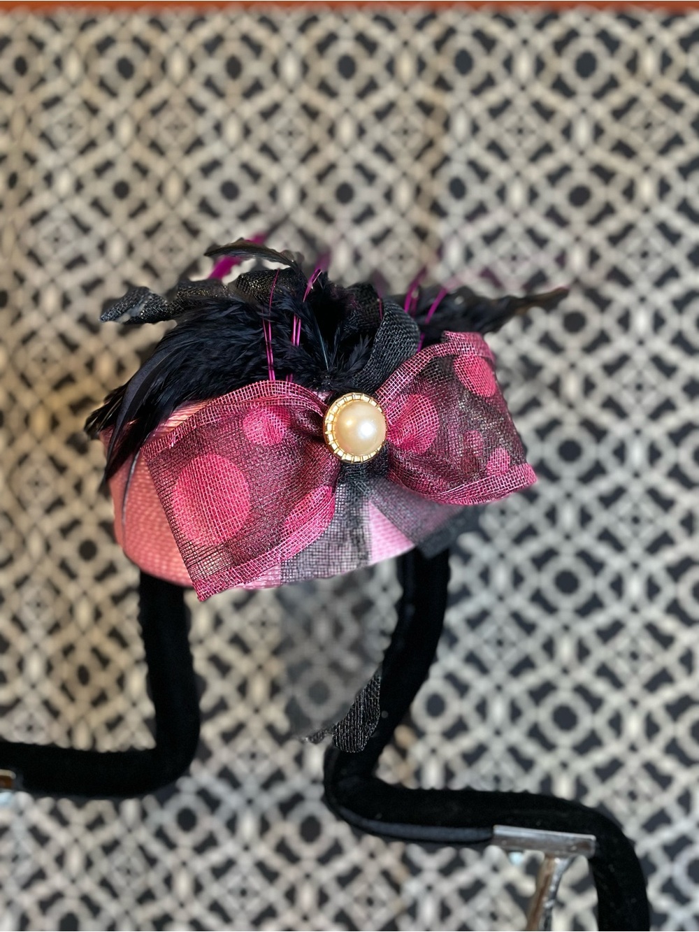 Pink Polka Dot Bow Headband with Pearl Accent